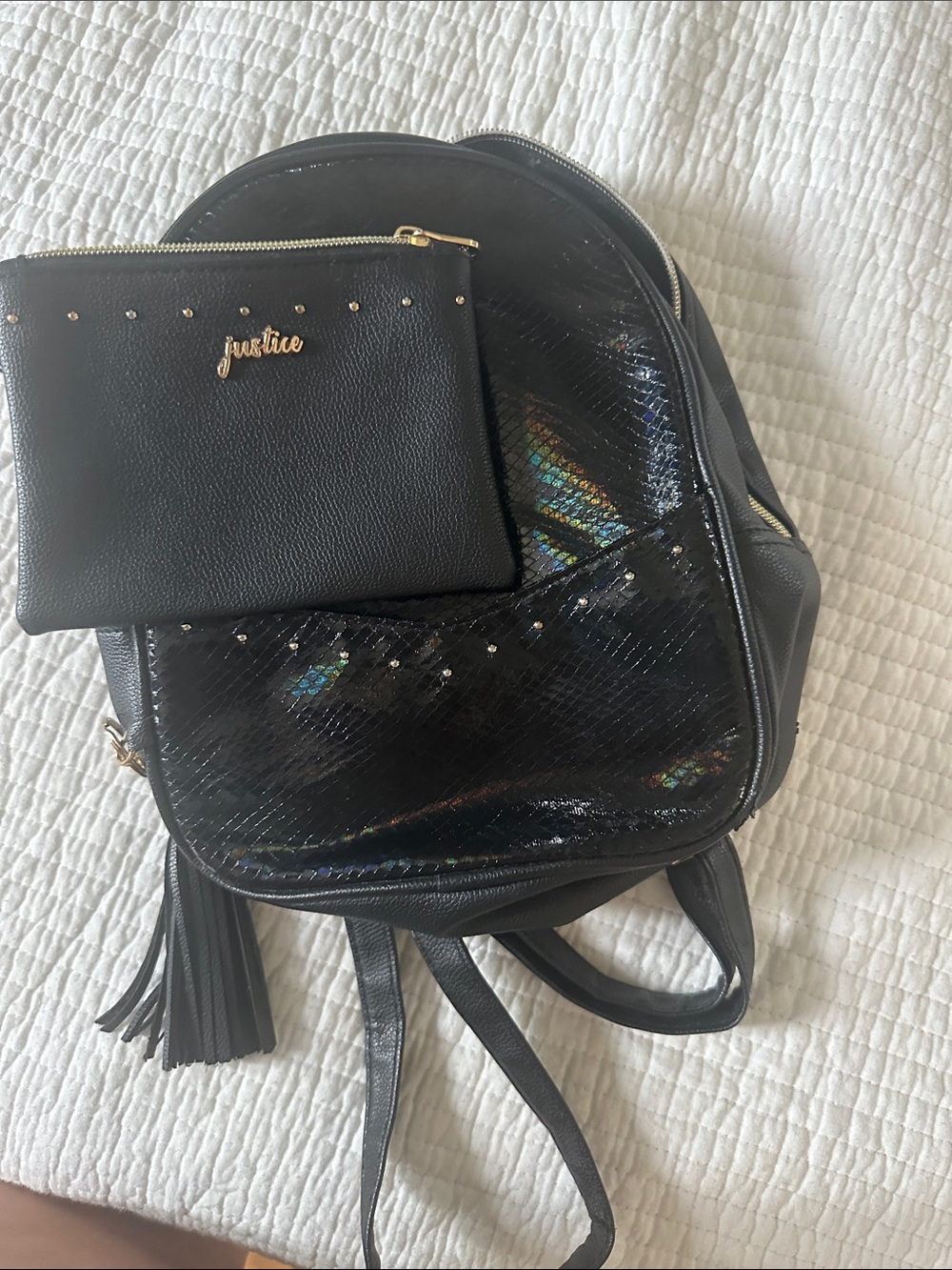 Justice Black Mini Backpack with Jewel-Accent Pouch